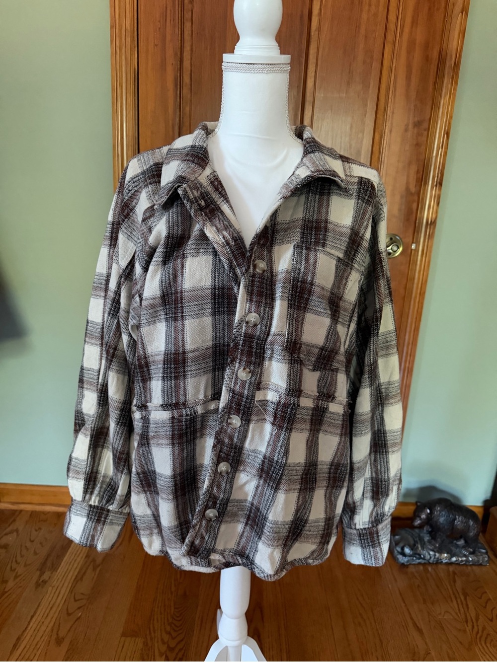 Wishlist Plaid Teddy Shacket Jacket - Cream & Brown